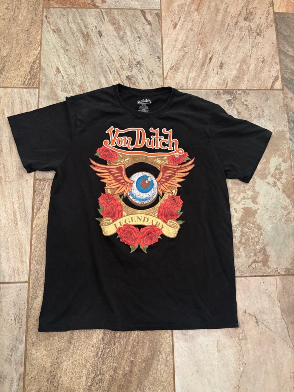 Von Dutch Black Tee with Winged Eyeball, Red Roses & Gold Banner